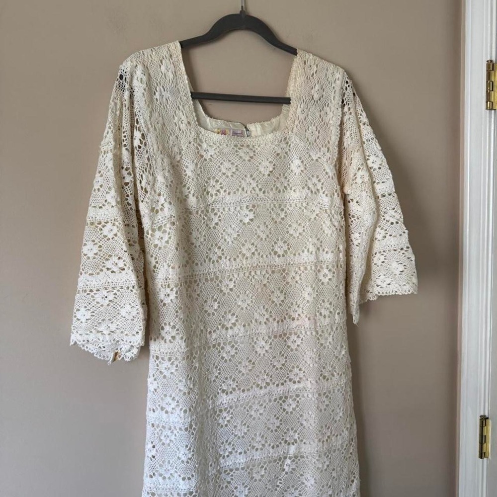 Vintage Mexican Crochet Wedding Dress Medium Cotton 60 70 bell flare bridal - Picture 2 of 8
